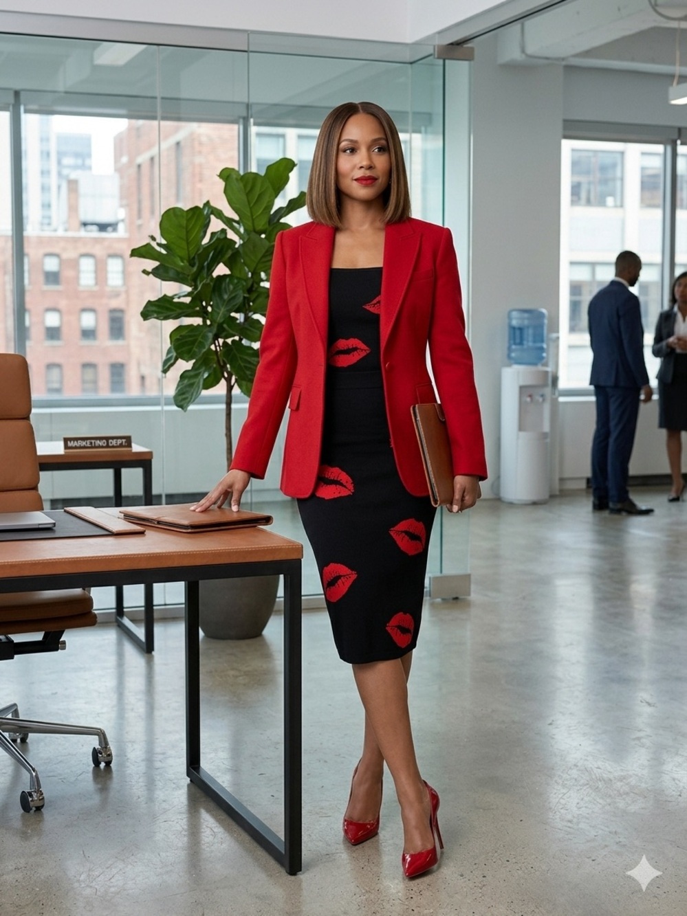 Women’s Black Midi  Tube Dress with Red Lip Print